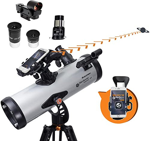 Celestron 22452 StarSense Explore LT114AZ Telescopio Reflector newtoniano, tecnología Compatible con Aplicaciones Smartphone, 2 oculares, 2 Lentes Barlow, Base teléfono y trípode Ajustable, Negro