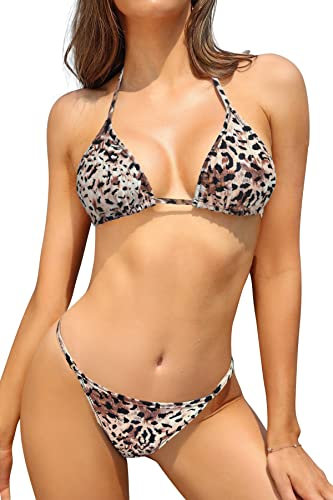 SHEKINI Maillots de Bain 2 Pièces pour Femme Bikini Rembourré Classique Réglable Halter Triangle Top de Bikini de Plage avec Taille Basse Brésilien String Bas de Bikini (Imprimé Léopard Métallisé,L)