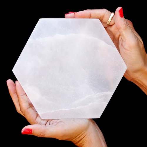 Om Zone Moroccan Selenite Charging Plate 6 inch Hexagon Polished Selenite Crystal Charging Station for Cleansing and Charging Crystals and Collection of Crystals and Healing Stones