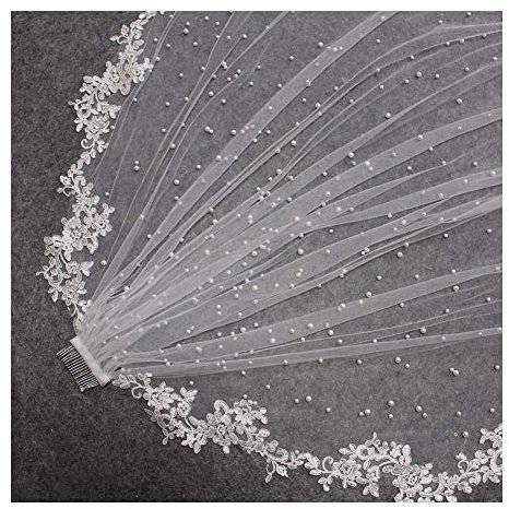 WQTR Schleier Braut Perlen Hochzeit Schleier mit Spitze Appliques Rand 2.5meters Lange Brautschleier mit Kamm-Schleier for die Braut Schleier (Color : Ivory, Item Length : 200cm)