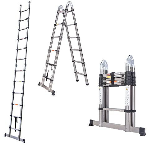 3.8M / 1.9M+ 1.9M Foldable Ladders A Frame Telescopic Stainless steel Extendable Extension 16 Steps150kg Max. Capacity Multipurpose Climb Ladder Portable Loft Attic for Business Home Work DIY Builder