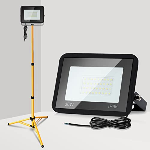 Ikodm Baustrahler LED mit stativ, 30W Fluter Flutlicht IP66 Wasserdicht 6000K Kaltweiß Scheinwerfer 2550LM Außenstrahler Baustrahler für Baustelle Garage (kein Stecker)