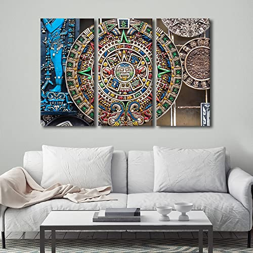3 Stück Azteken-Sonnenstein-Wandkunst, Leinwand, Maya-Kalender, Bilder, Mexiko, Wandgemälde für Schlafzimmer, Wandkunst für Wohnzimmer, zeitgenössisch, modern, Heimdekoration, Büro, Poster, gerahmte
