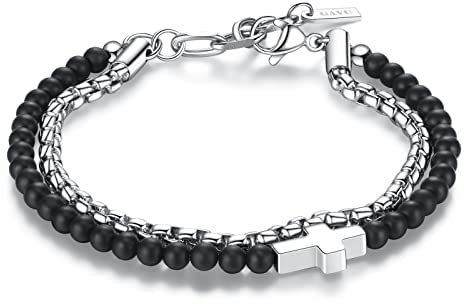 GAVU Herren Zweilagiges Armband Perlen Armband aus Mattem Onyx und Edelstahl mit Kreuz Charm