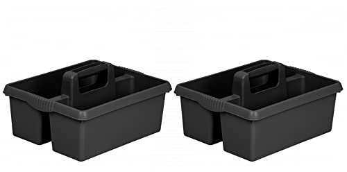 JMS we create smile Set of 2- Large Cleaning Caddy with Handles Plastic Organiser Cleaners Carry All Tray Basket with Multi Compartment Cleaning Tool Utility Caddy for Kitchen Sink Bathroom (Black)