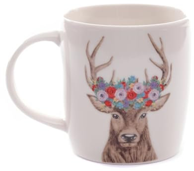 DESIGN DELIGHTS Motiv Tasse Hirsch mit Blumenkranz | 12 cm, Porzellan, weiß | Kaffeetasse mit Motiv, Blumen Becher, Motivtasse, Geweih Aufdruck, Teetasse, Geschenk Tasse