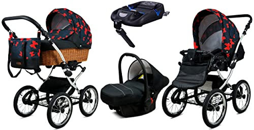 BabyLux Kinderwagen 4in1 mit Autositz für Kleinkinder – Kinderwagen für Neugeborene und Kleinkinder –– Baby Neugeborenen Kinderwagen – ISOFIX Autositzbasis – Max 15kg – Red Bow Silver Frame