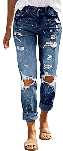 Femmes Denim Pantalon Elastique Jean à Ourlet effiloché Legging en Jean Troué Coupe Droite Streetwear Décontracté Boyfriend Jean Sexy éLégant Crayon Pants