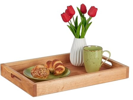 Relaxdays Plateau de Service, Bois Noyer, avec poignées, Bord élevé, H x L x P : 5 x 46 x 31 cm, Nature