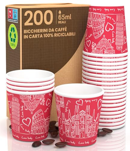 200 Coffee Paper Cups, 65 ml, Italy Red Eco Friendly Biodegradable Disposable Small Takeaway Hot Drinks