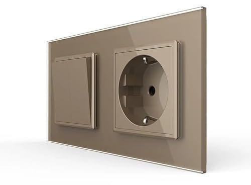 LIVOLO doppelter Wipp Serienwechselschalter Lichtschalter mit Schuko Steckdose für Unterputz Einbau Serien Wechsel Schalter VL-C7-K2S/C1EU-13 in gold im Glasrahamen Wandschalter Einbausteckdose