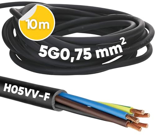 Kalitec H05VV-F - Tubo flessibile da 10 metri, 5 x 0,75 mm², 5 G0,75 mm2 con conduttore di protezione, cavo in PVC per interni, cavo elettrico nero, cavo per lampada, flessibile, 5 fili