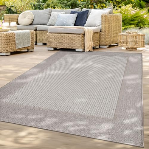 TT Home In-& Outdoorteppich Wetterfest Terrasse Balkon Esszimmer Modernes Boho Design Skandinavisch Mit Bordüre Unicolor, Farbe:Beige Creme, Größe:80x250 cm