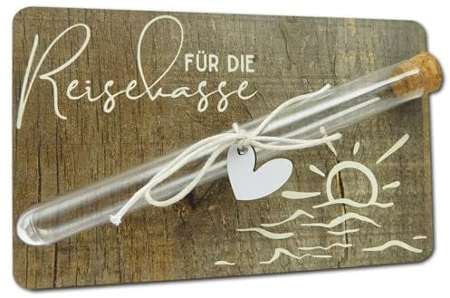 Geldgeschenk für die Reisekasse - kreatives Geldgeschenk für den Urlaub, Holzkarte mit Reagenzglas für Geld – Geschenk für Reisende & Weltenbummler inkl. Schnur, Dekoherz & Etikett