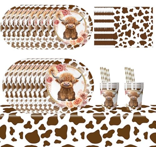 Highland Cow Party Tableware Set – Farm Animal Print Plates,Napkins,Cups & Straws For 10 Guests,Birthday & Baby Shower Supplies,Children's Birthday Party Tableware Cute Cow Theme Table Decor-61Pcs