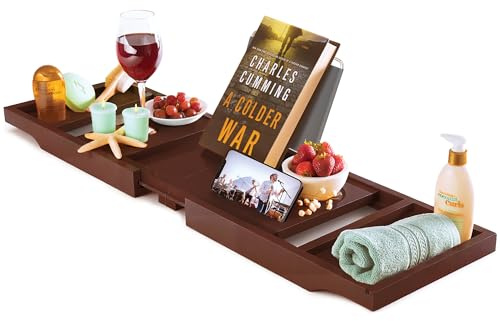 Bambüsi Bathtub Tray for Tub - Brown Bamboo Bath Tray, Expandable Wooden Bath Caddy Tray with Wine Holder, Book and Tablet Stand, Bathroom Accessories, Tub Table, Spa Bath Gifts for Women and Couples