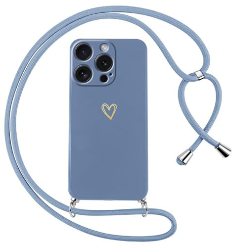 Oelrstfe Coque pour iPhone 16 Pro Max avec Cordon de Collier Étui Housse Souple Silicone avec Motif Coeur et Portable Lanyard Réglable Antichoc Anti-Chute Bandoulière Lanière Case,Bleu