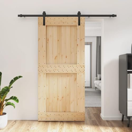 Gecheer Porta Scorrevole del Granaio, Kit Binario, Legno di Pino, Nero e Naturale, 95x210 cm, Binario 200 cm