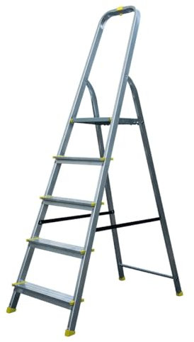 Bayersystem BS-DA5-H Trittleiter mit 5 Stufen, Aluleiter, bis 150 kg, max. Arbeitshöhe 2,99 m, Klapptrittleiter mit Handlauf, Anti-Rutsch-Füße, Klapptritt für Haushalt, inkl. Eimerhaken, Silber/Gelb