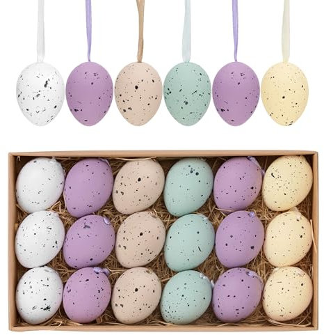 Valery Madelyn 18er Ostereier zum Aufhängen für Osterdeko,4cm Modern künstliche Mini Ostereier für Ostern Deko,Violett Gelbe Ornament für Osterkörbchen Frühlingsdeko,Ostern Geschenke Kinder