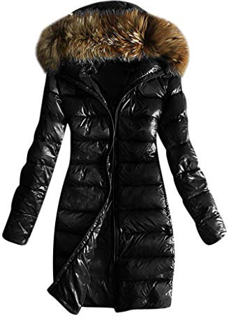 Generisch Damen Wintermantel Lang Steppjacke Warm Wintermantel Einfarbig Schwarz M Reißverschluss Leichte Daunenjacke mit Fell Puffer Mantel Winter