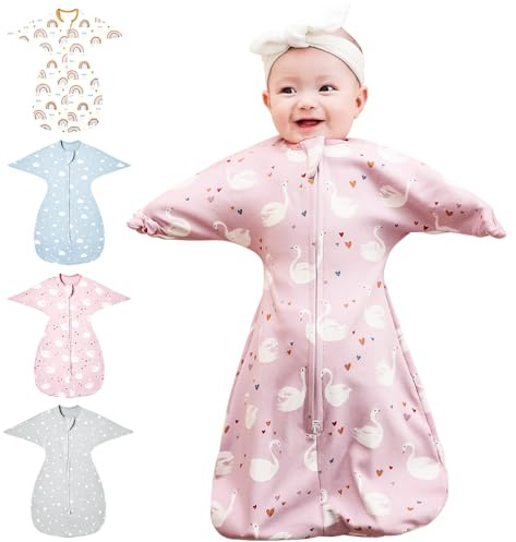 HINATAA Wickeldecke für Babys 0-3/3-6 Monate, Schlafsäcke Neugeborene, Bio-Baumwolle Baby Pucktücher Ganzjahres, Verstellbarer Baby Pucksack Swaddle für Jungen und Mädchen, Rosa, 0-3 Monate