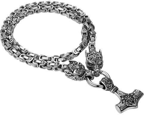Oidea Viking Thor's Hammer Necklace for Men: Vintage Viking Helm of Awe Mjolnir Pendant with Wolf Head Byzantine Chain Amulet Jewelry Gift for Men Women 24in Chain Silver