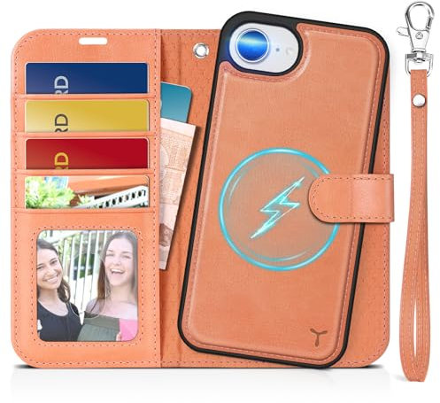 TUCCH Etui Détachable pour iPhone 16e, Coque 2-en-1 Dragonne Etui Portefeuille Cuir PU [RFID Blocage] Fentes Cartes Anti-Choc Housse Compatible avec iPhone 16e 5G (6,1 Pouces) - Rose Pêche Texturé