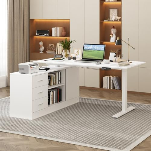 Caldion Höhenverstellbarer Schreibtisch,Höhe: 74-112cm,L-formiger Computertisch mit Kommode,Schreibtisch Höhenverstellbar,Elektrisch,mit offenen Ablagen,Weiß