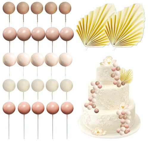 Guyode 27 Pièces Decoration Gateau Anniversaire Boho, Rose Champagne Balle Deco Gateau, Happy Birthday Decoration Gateau, Foam Cake Balls Decoration, Feuilles de Palmier Décoration de Gateau