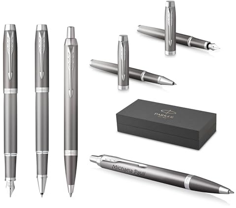 PARKER IM Rituals 3er Set Kugelschreiber und Füllfederhalter und Tintenroller mit Gravur | Premium Stift | Geschenkbox | personalisiert | Geburtstag (Grey Chrome)