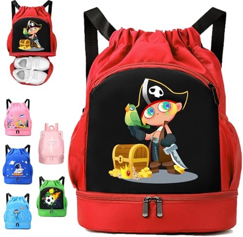 YOUYIKE Schwimmtasche Kinder, Pirat Sportbeutel Junge mit Kordelzug, Wasserdichter Rucksack mit Bodenfach, 30 * 16 * 42 cm Große Kinder-Sporttasche Rot