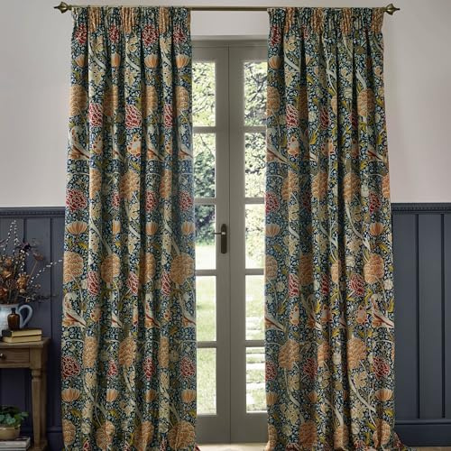 Morris&Co. Cray Pencil Pleat Curtain Pair – Lined Velvet Floral River-Inspired Drapes (Indigo/Berry - 168x183cm)
