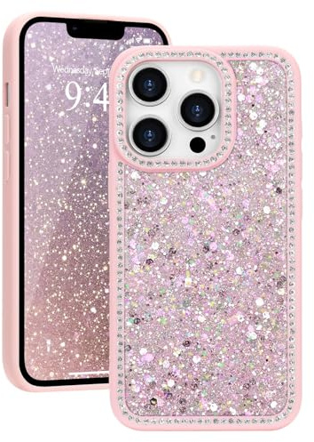 Ethanger Glitter Rhinestone Crystal Case for iphone 13 Pro, Pink | Glamorous Sparkling Back, Aesthetic Bling Diamond Cover, for Women Girls, Shockproof Protective Phone Case