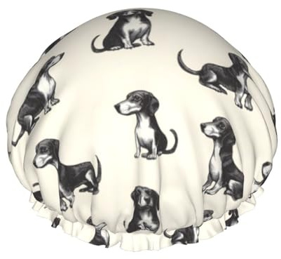 Retro Sausage Dog Print Shower Caps for Women, Reusable Double Layers Elastic Band Long Hair Bath Caps for Shower
