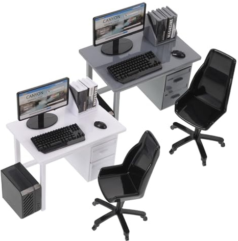Hohopeti 2 Sätze Miniatur Puppenhaus Möbel Computer Schreibtisch Stuhl Buch Maus Tastatur Kreatives Rollenspiel Tragbar Leicht Büro Dekoration