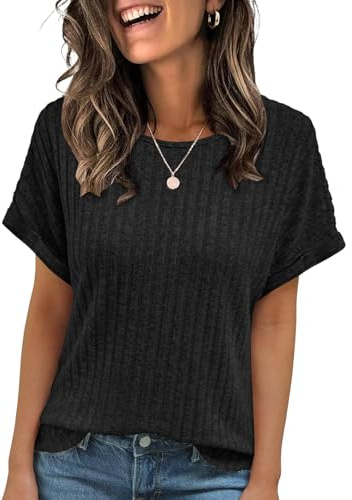 Cuptacc Ladies Tops Crew Neck Womens T-Shirts Lightweight Tunic Tops for Women UK Basic Ladies Blouses Black L 16-18