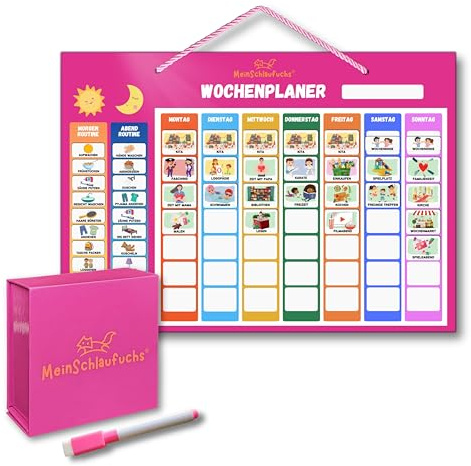 MeinSchlaufuchs® Wochenplaner Kinder - Montessori Magnettafel inkl. 250 Magnete, Aufbewahrungsbox, Kordel & Stift - 2-in-1 Wochenplan & Routineplan - Morgenroutine & Abendroutine für Kinder (Pink)