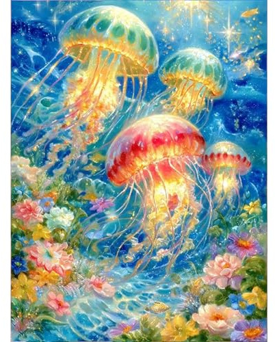 GEEHEIY Diamond Painting Erwachsene Leuchtende Quallen 30 x 40 cm | 5D DIY Diamantmalerei Bild für Erwachsene, Fantasy Unterwasser Deko, entspannendes Basteln, Wohnaccessoires, Geschenkidee