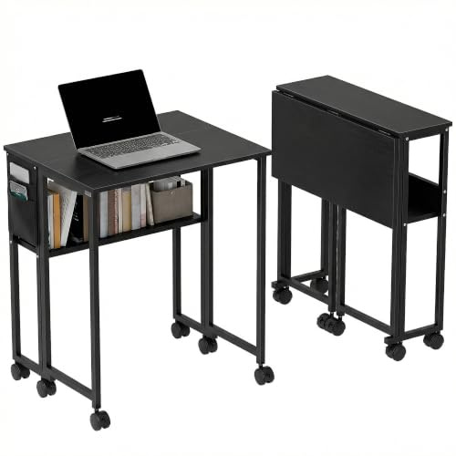 HOMCOM Klapptisch mit Ablagefach und Tasche, 63 cm Faltbarer Computertisch für kleine Räume, platzsparender Schreibtisch auf Rollen für Home Office, Schlafzimmer, einfache Montage, Schwarz