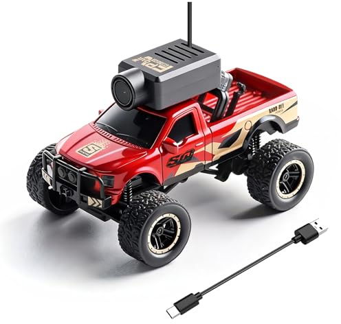 Alomejor 1:64 Mini-RC-Auto, 2,4 G 4WD FPV Ferngesteuertes Geländewagen mit HD-Kamera, Gyro, LED-Lichtern, für und Erwachsene (Rot)