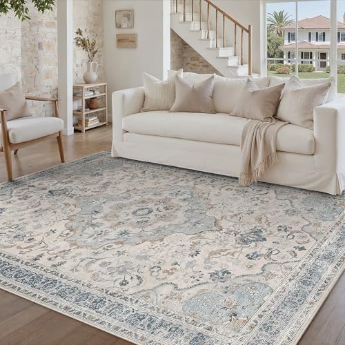 PureCozy Waschbarer Blau Teppich Wohnzimmer 160x230cm Vintage Tepiche for Living Room kurzflor rutschfest Weich Retro Orientalischer Carpet für Schlafzimmer Büro Esszimmer Bedroom