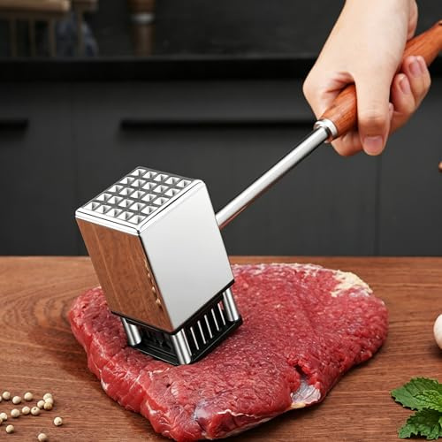 Ablandador de Carne y Martillo para Carne 2 en 1, Cuchillas de Agujas Ultra Afiladas de Acero Inoxidable, Mango Antideslizante de Palo de Rosa Premium, para Ablandar Filete, Res, Aves y Cerdo
