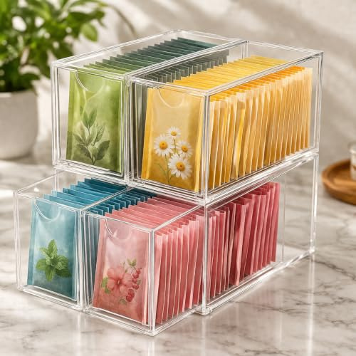 Xygobla 4 Pack Acrylic Tea Bag Drawer Organiser