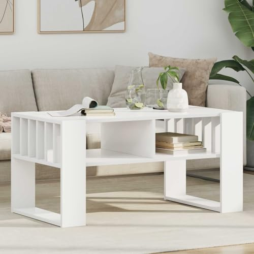 Ordellia Table Basse Blanche en Bois d ingénierie 92 x 49,5 x 45 cm, Table Basse appoint Moderne avec 2 étagères, Meuble Console pour Salon séjour Bureau Chambre