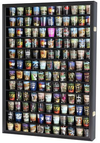 Large 144 Shot Glass Display Case Holder Cabinet Shadow Box, Hinged Door, Solid Wood, Black Finish