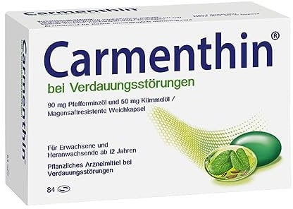 Carmenthin bei Verdauungsstörungen | 84 Weichkapseln | pflanzliches Arzneimittel bei Blähungen, Blähbauch, Völlegefühl & Schmerzen | mit Pfefferminzöl & Kümmelöl | beruhigt den Magen-Darm-Trakt