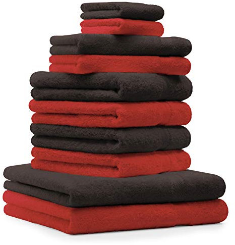 Betz 10-TLG. Handtuch-Set Classic 100% Baumwolle 2 Duschtücher 4 Handtücher 2 Gästetücher 2 Seiftücher Farbe rot und Dunkelbraun