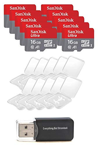 10 Pack - SanDisk Ultra 16GB Micro SD SDHC Memory Flash Card UHS-I Class 10 SDSQUAR-016G-GN6MA Wholesale Lot with 10 Plastic Jewel Cases and (1) Everything But Stromboli (TM) Card Reader