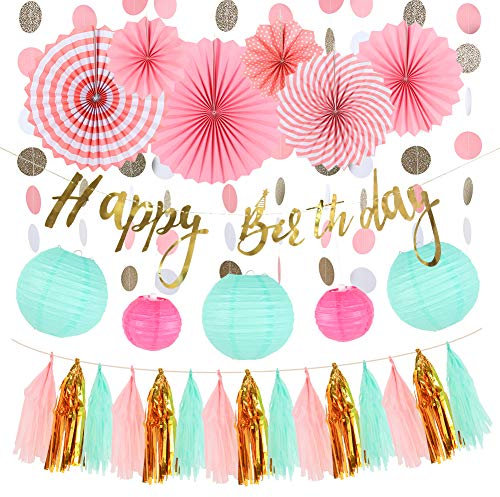 SUNBEAUTY Mint Rosa Geburtstagsdeko Kit Gold HAAPPY Birthday Banner Faltrosetten Kugel-Deko